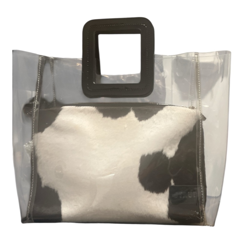 STAUD Shirley Clear PVC Tote Brown/ White Cowhide Print Pouch & Leather Handles